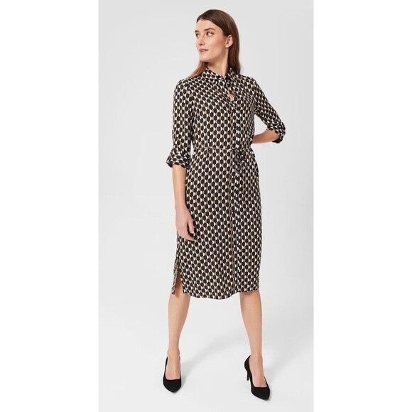 HOBBS London Cali Shirt Dress Women 2 Black Geometric 3/4 Sleeve Tie Waist Work - Picture 1 of 14